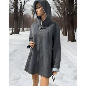 Ellen tracy Wool jacket Size Medium Gray And Blue Lining Hooded With Pocket